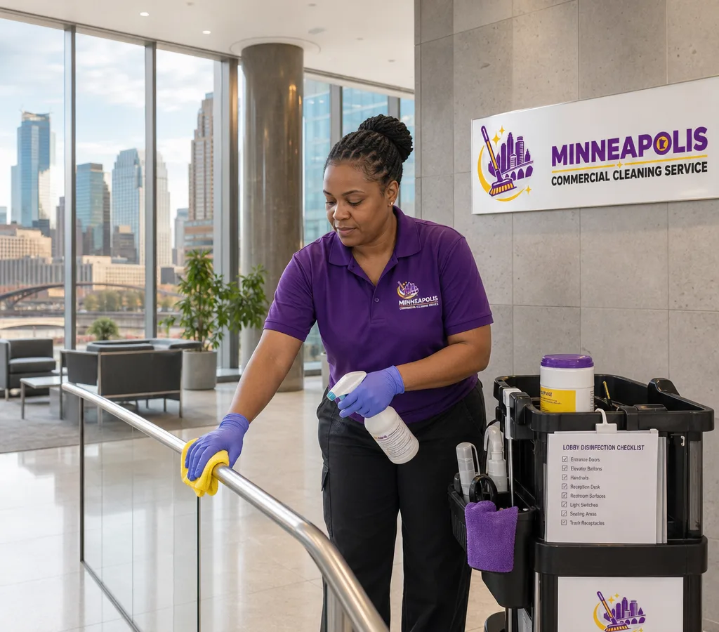Uniformed commercial cleaner disinfecting high-touch lobby surfaces in a Minneapolis office building