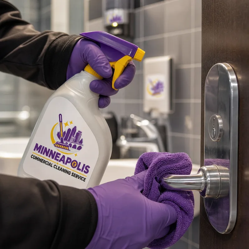Gloved hands disinfecting restroom faucet handles and door hardware with labeled disinfectant and a microfiber cloth