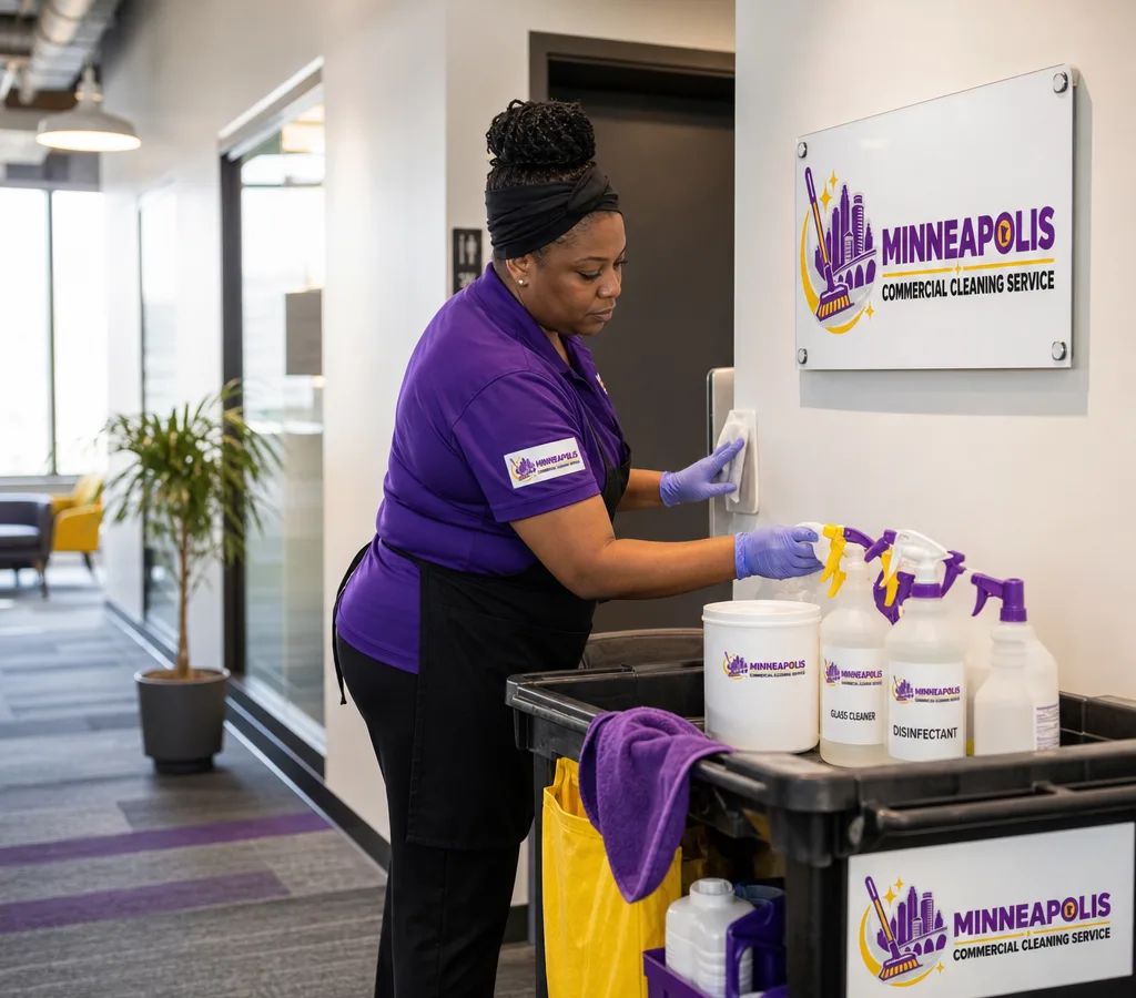 Janitorial team member restocking supplies and wiping touchpoints in a modern Minneapolis office corridor