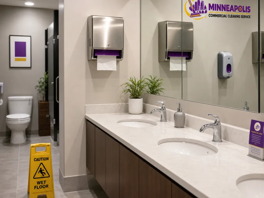 Clean, well-stocked office restroom with streak-free mirrors, full dispensers, and clean fixtures after janitorial service