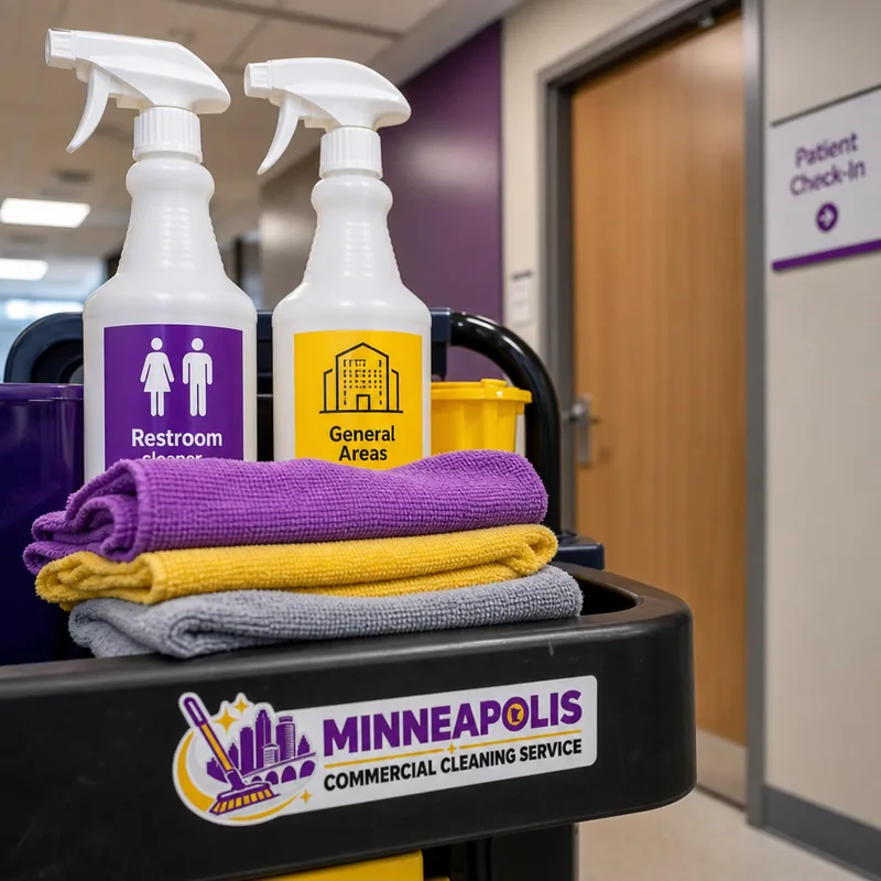 Color-coded microfiber cloths and labeled spray bottles on a janitorial cart outside a clinic hallway