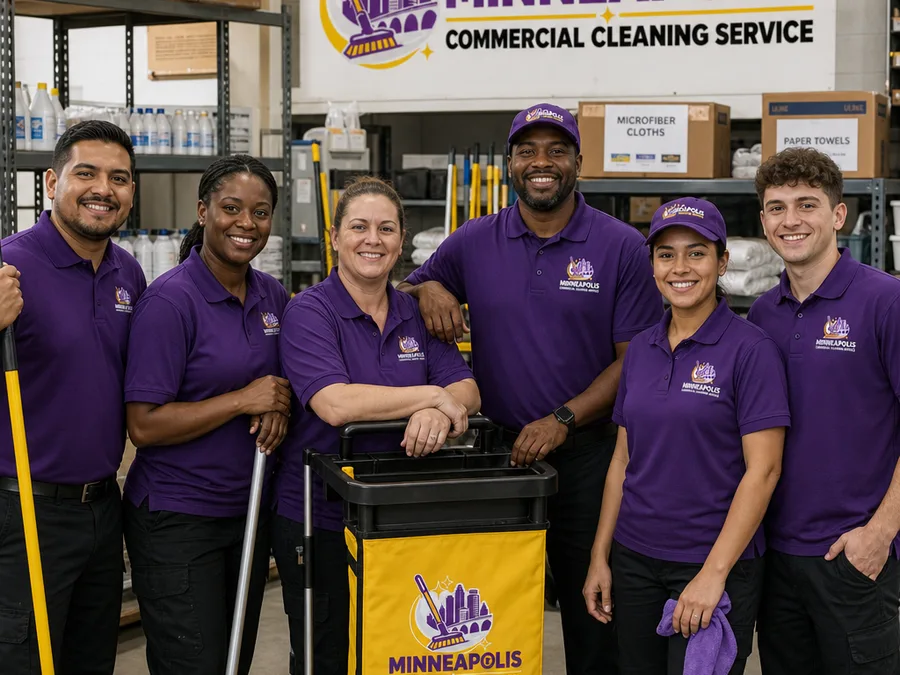Minneapolis commercial cleaning crew in uniform with labeled supplies and equipment