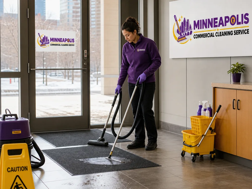 Cleaner addressing tracked-in salt and slush in a Minneapolis commercial entryway